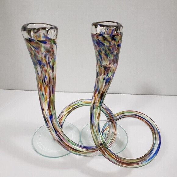 Vintage Candlesticks Hand Blown Michael Hudson Twisted Glass Confetti Set of 2 - Picture 5 of 15